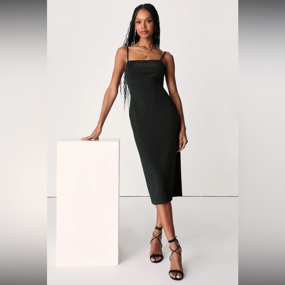 Lulus Dazzle All Night Black Green Shiny Twist Back Midi Dress XS NWT